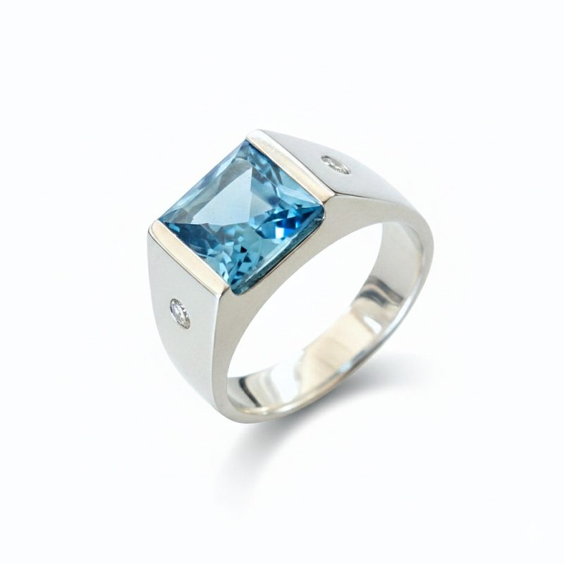 Tank 925 Sterling Silver Blue Topaz Diamond Ring