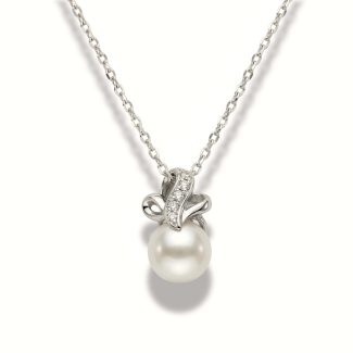 La Vie 9ct White Gold Akoya Pearl Diamond Pendant & Necklace