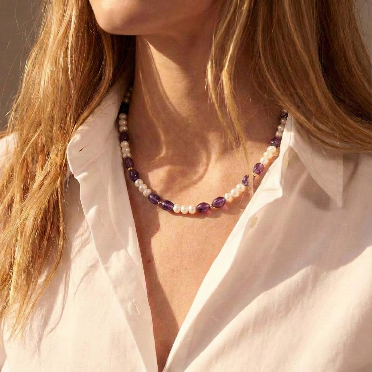 Dusk Natural Amethyst Pearl Gemstone Necklace with 9ct Yellow Gold Clasp
