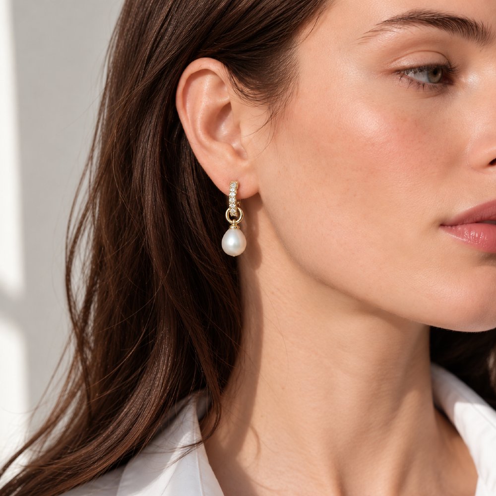 Adele 9ct Yellow Gold Diamond Teardrop Pearl Earrings