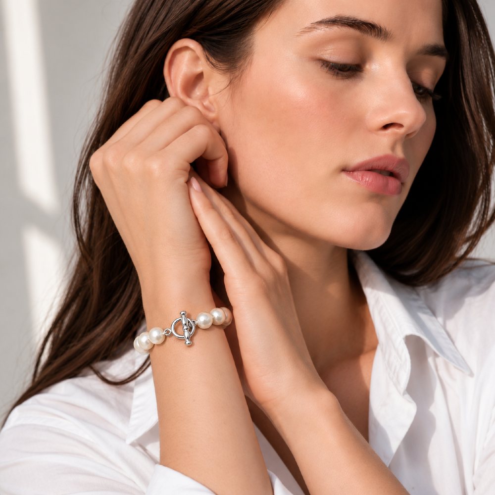 Theodora Freshwater Pearl Bracelect with white metal Octavia Toggle Clasp