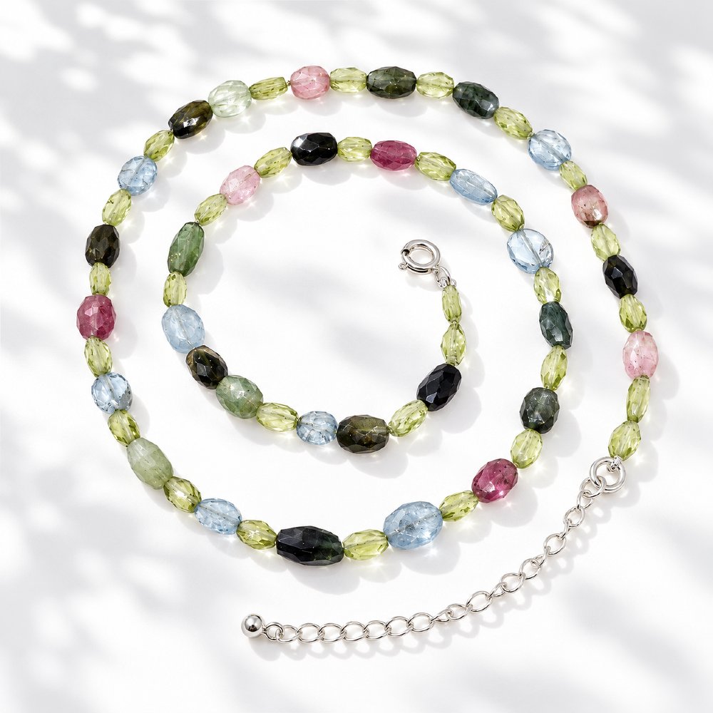 Twilight Tourmaline Aquamarine Peridot Gemstone Bead Necklace